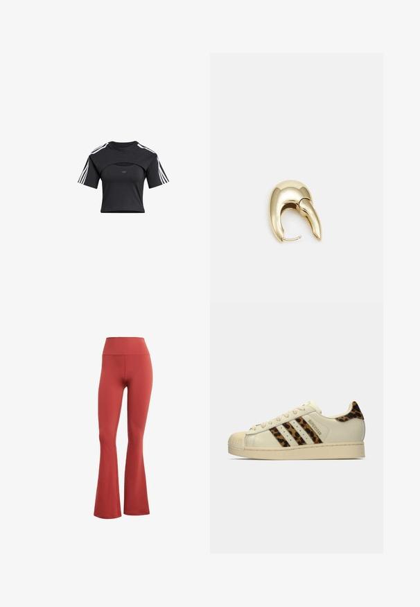 Black cropped t-shirt with a round neck, short sleeves, cut-out detail, and white three-stripe accents on shoulders. Soft fabric.; Red flared leggings with a high waist, made of stretchy fabric. Smooth texture with no visible patterns or hardware.; Off-white Adidas Superstar sneaker with leopard print stripes and heel tab, beige rubber shell toe, and "SUPERSTAR" text on the side.; Gold-tone metal earring with a sleek, curved design. Features a distinctive pointed shape, polished surface, and hinge closure.