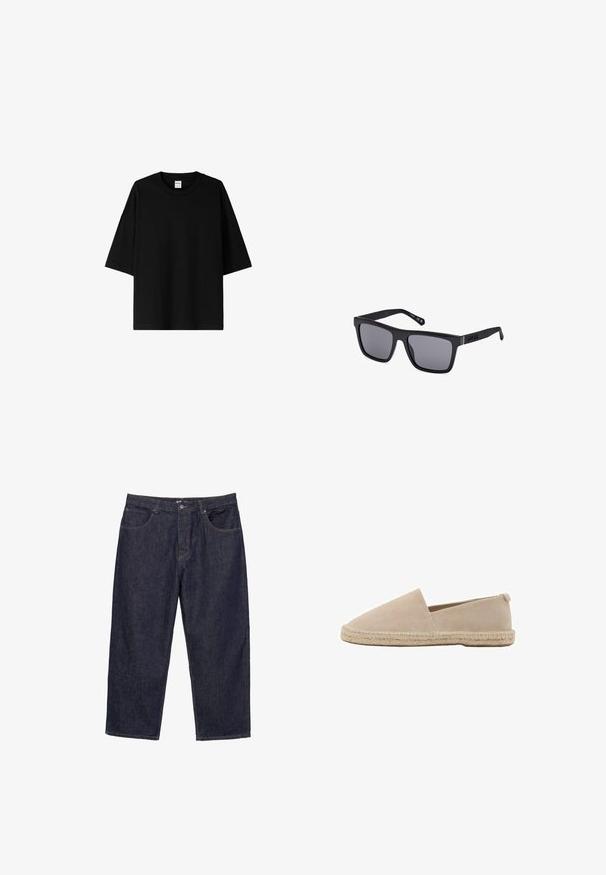 Svart oversized t-shirt med korta ärmar, rund halsringning, tillverkad av bomullstyg, med en sömlös design och rak fåll.; Mörkblå raka denimjeans med framknapp, dragkedjestängning och fem fickor, visade mot en vit bakgrund.; Beige mockasins espadrillo med platt sula, stängd bak, och vävt jute-trim längs kanten. Enkel, klassisk silhuett utan utsmyckningar.; Svarta rektangulära solglasögon med mörka linser, matt yta och logotypdetalj på bågen. Designen har raka kanter och tjocka bågar.
