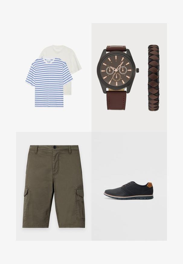 Kaks lühikeste varrukatega T-särki: üks valge siniste triipudega ja teine ühtlane heledad kreem. Pehme puuvillane materjal, ümar kaelus, mugav lõige.; Oliivrohelised cargo lühikesed püksid, mis on valmistatud tekstureeritud kangast, omavad kahte küljetaskut ja ees olevat nööpsulgemist. Keskmise pikkusega otse lõige.; Mustavad sünteetilised jalatsid tekstureeritud pealsega, siledad aktsendid, pruun kand ja kontrastne tall. Omab minimaalset lukkude ja õmbluste dekoratsiooni.; Pier One SET - Käekell - black/brown