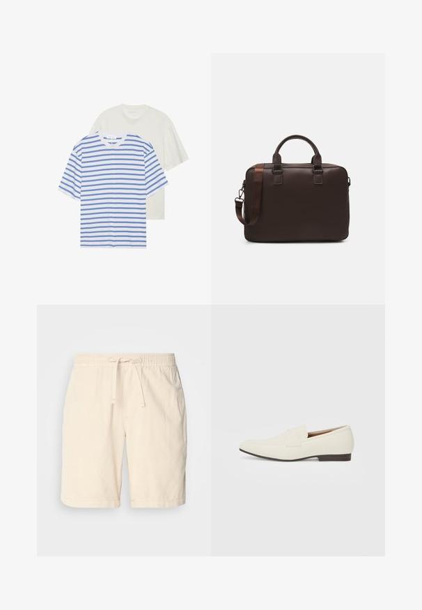 Zwei kurzärmlige T-Shirts: eines weiß mit blauen Streifen und eines in einfarbig hellem Creme. Aus weichem Baumwollmaterial, mit Rundhalsausschnitt und lockerer Passform.; Beige Baumwollshorts mit einem elastischen Taillenzug und verstellbarem Kordelzug, mit Seitentaschen und bequemer Passform.; Hellbeige Slipper mit spitzem Zehenbereich, glattem Material, einem Riemen über dem Vorderfuß und einer niedrigen braunen Sohle. Einfaches Design mit minimalen Akzenten.; Braune Leder-Laptoptasche mit strukturierter Oberfläche, doppelten Obergriffen, verstellbarem Gurt und zwei vorderen Schnallen für zusätzlichen Detailreichtum.
