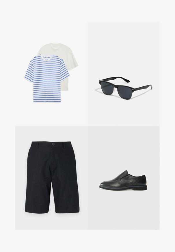 Dvě trička s krátkým rukávem: jedno bílé s modrými pruhy a jedno v jednobarevné světle krémové barvě. Měkký bavlněný materiál, kulatý výstřih, volný střih.; Černé šortky vyrobené z lehké tkaniny, s rovný střihem, zapínáním na jeden knoflík a čistým lemem bez viditelných vzorů.; Černá kožená nazouvací bota s hladkým svrškem, prošívanými detaily, zaoblenou špičkou a nízkým gumovým podpatkem. Podešev má minimální vzorek.; Černé sluneční brýle s obdélníkovým tvarem, tmavými skly, stříbrnými akcenty na spáncích a matným povrchem rámu.