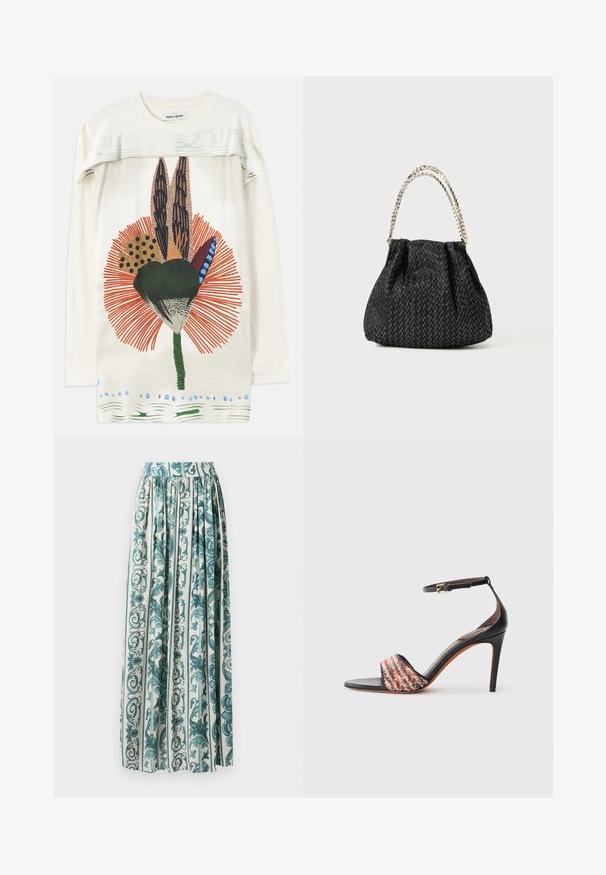 Hosszú ujjú fehér ing, elöl színes, absztrakt toll- és legyezőmintázattal, zöld, narancs, kék és barna színekben.; Hosszú, ráncolt szoknya virágos mintával, teal és fehér színben, könnyű anyagból készült, magas derék kialakítással.; Fekete sarkú szandál bokapánttal. Az orrán egy textúrált, multiszínű szövetcsík található. Simára csiszolt bőr felső.; Fekete textúrájú kézi táska halszálka mintával, ráncolt dizájnnal és fém lánc fogantyúval. Puha anyaga elegáns megjelenést biztosít.