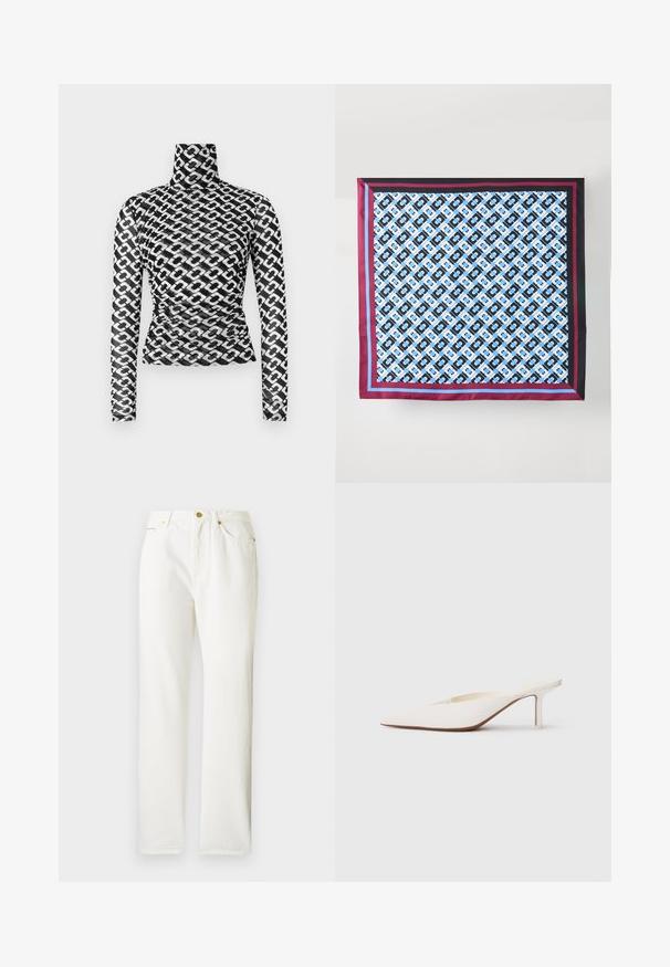 Haut à manches longues avec col roulé en tissu noir transparent orné d'un motif répétitif de chaînes blanches. Coupe ajustée avec des détails froncés subtils à la taille.; Pantalons en denim blanc avec une coupe droite, dotés d'une fermeture à bouton sur le devant et d'une texture subtile. Comprend des poches latérales et un matériel minimal.; Mule blanc à bout pointu avec un talon stiletto bas. Fabriqué en matériau lisse avec un design minimaliste et un subtil détail de semelle beige.; Foulard en soie présentant un motif répétitif bleu et noir sur fond blanc, encadré de rayures bordeaux et bleues le long des bords.
