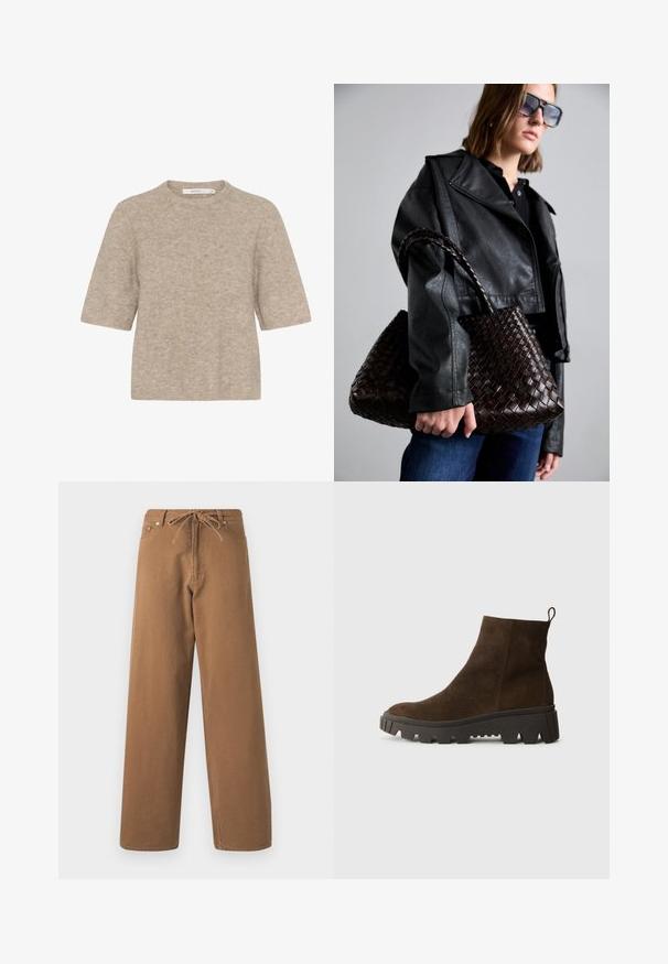 Beige Pullover mit kurzen Ärmeln aus weichem Strickmaterial, mit einem runden Halsausschnitt und einer bequemen Passform. Die Textur ist leicht flauschig.; Braune weit geschnittene Hosen aus Baumwolle, mit einem Kordelzugbund und zwei Fronttaschen. Strukturiertes Gewebe mit glatter Oberfläche.; Braune Wildleder-Ankle-Boots mit einer stabilen schwarzen Gummisohle, leichtem Absatz und einer Schlaufe auf der Rückseite für einfaches Anziehen.; DRAGON DIFFUSION SANTA CROCE BIG - Handtasche - dark brown