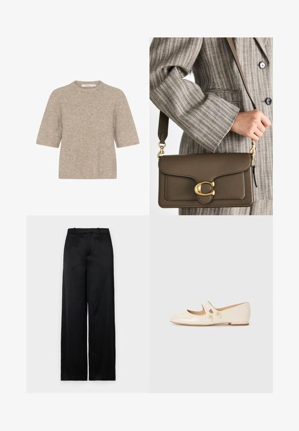 Beige korte mouwen trui gemaakt van zachte brei-stof, met een ronde halslijn en een relaxte pasvorm. De textuur is licht verweven.; Zwarte wijde broek van een lichtgewicht, gestructureerde stof. Bevat een gladde tailleband met riemlussen en een rechte, vloeiende silhouet.; Ivory patenten leren ballet flats met twee decoratieve banden en gouden knopen, met een ronde neus en een lage blokhak.; COACH TABBY SHOULDER BAG 26 - Handtas - dark stone