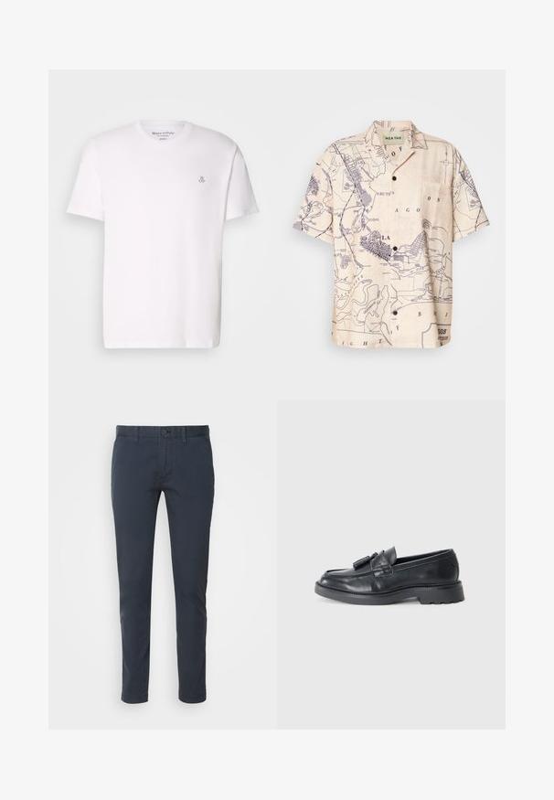 Weißes kurzärmliges T-Shirt aus Baumwolle mit Rundhalsausschnitt und einem kleinen grauen Logo auf der Brust. Glatte Textur, klassischer Schnitt.; Kurzarmhemd aus hellem beige Stoff mit einer Karten-Print in Marineblau, ausgestattet mit einem klassischen Kragen und einer Brusttasche.; Marineblaue Chinos aus leichtem Baumwollstoff, mit gerader Passform, Knopfverschluss und frontalen Taschen. Glatte Textur mit minimaler Detailgestaltung.; Schwarze Leder Slipper mit abgerundeter Spitze, einem Riemen mit Quasten und einer dicken Sohle mit einem Profilmuster. Glatte Textur und klassisches Design.