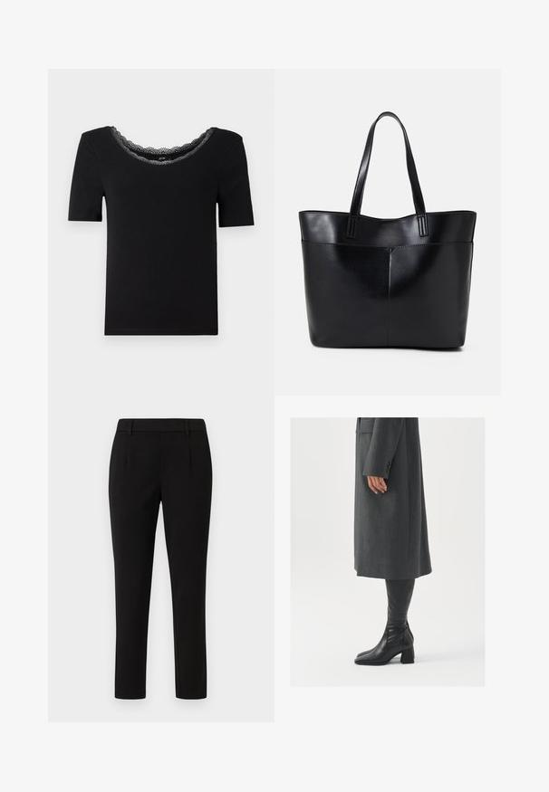 T-shirt noir à manches courtes en tissu doux, doté d'un col en dentelle festonnée. Design simple et ajusté, sans motifs ni accents.; Pantalon noir ajusté avec une coupe droite, fabriqué dans un tissu lisse. Caractéristiques: devant plat, passants de ceinture, et sans poches.; Manteau gris taillé à coupe droite ; associé à des bottes en cuir noir jusqu'au genou avec un bout carré et un talon épais.; Sac fourre-tout en cuir noir avec deux longues poignées, une texture lisse et une forme structurée. Dispose d'une poche avant pour un rangement supplémentaire.