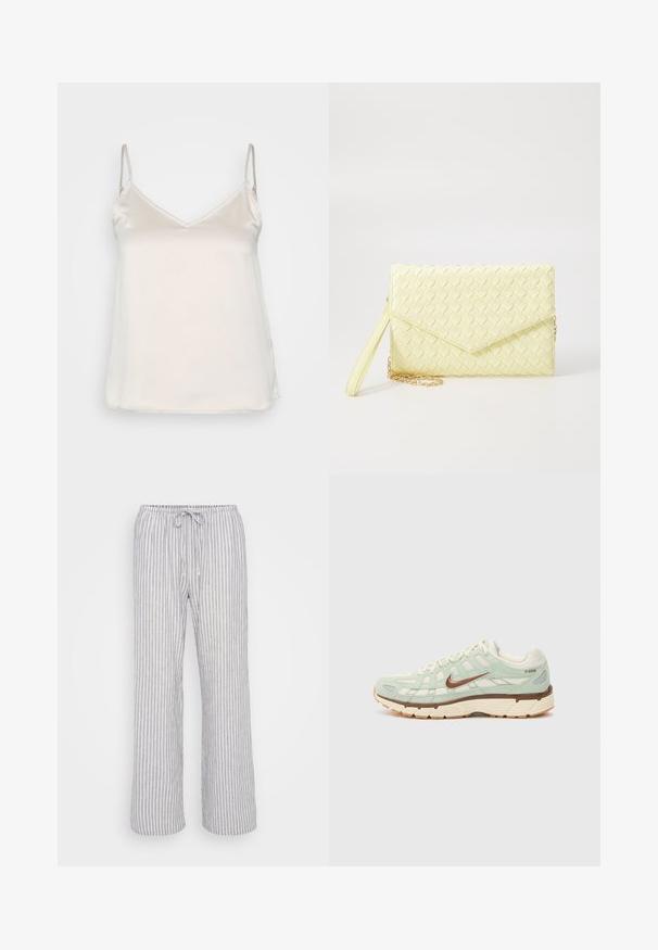 Camisole beige soyeux avec des bretelles fines réglables et un décolleté en V subtil, présentant une surface lisse et non texturée.; Pantalon rayé gris clair avec une taille élastique, fermeture à cordon de serrage et une coupe large. Fabriqué à partir d'un tissu doux et respirant.; Baskets de sport vert clair en matériaux mesh et daim, avec des accents marron, une semelle beige, un design texturé et un logo signature sur le côté.; Porte-monnaie tissé jaune avec un design à rabat, une sangle de poignet amovible et un accent en chaîne dorée. Texture lisse et forme rectangulaire.