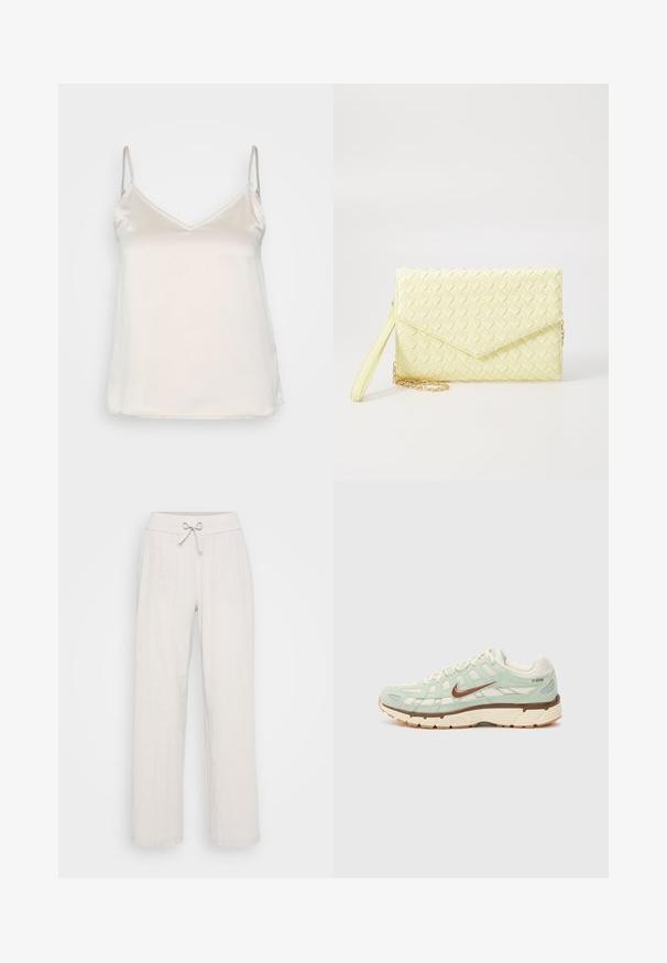 Skaidrus béžinis kamšalas su plonais reguliuojamais petnešėlėmis ir subtiliu V formos iškirpimu, pasižymintis lygiu, neapdorotu paviršiumi.; Šviesiai smėlio spalvos lininės kelnės su plačiais klešniais, elastingu juosmeniu ir priekiniu raiščiu. Tekstūruotas audinys suteikia vizualinės įvairovės.; Šviesiai žalia sportinė avalynė iš tinklelio ir zomšos medžiagų, su rudomis detalėmis, kreminės spalvos padu, tekstūruotu dizainu ir firminiu logotipu šone.; Geltona audinė piniginė su užsegimu, nuimamą rankinę juostą ir auksinį akcentą. Lygi tekstūra ir stačiakampis forma.; Sidabrinė lankinė auskarai su poliruotu paviršiumi, turintys mažus auksinius akcentus ir apvalią formą, dėvimi ant ausies kaušelio.