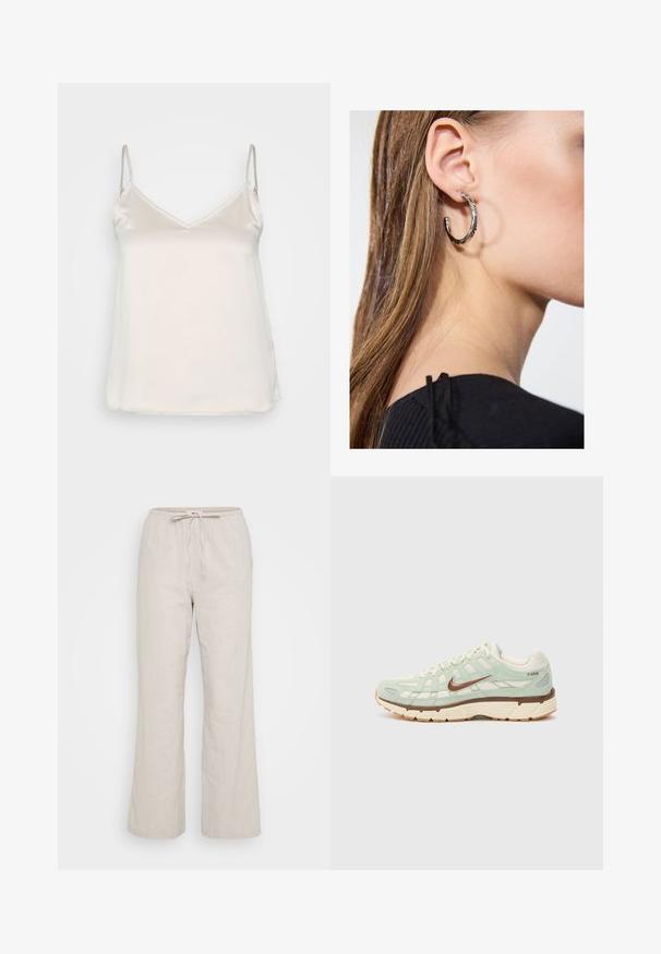 Satrakts beigā krāsā ar plānām regulējamām siksnām un maigu V veida kaklu, ar gludu, nelietotu virsmu.; Linen, plati kāju bikses gaiši bēšā krāsā ar aukliņu jostu. Gluda tekstūra ar smalku rakstu un brīvu piegriezumu visā biksēs.; Gaiši zaļa sporta apavi ar sieta un zamšādas materiāliem, brūniem akcentiem, bēšām zolem, teksturētu dizainu un firmas logo sānos.; Sudraba auskars ar pulētu apdari, ar maziem zelta akcentiem un apaļu formu, uz ausu ļipiņas.