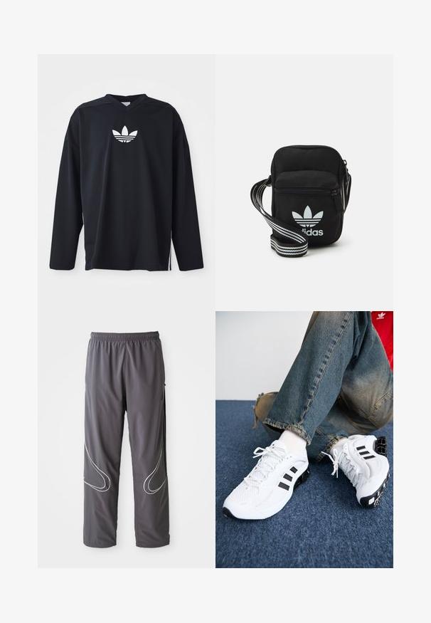 Čierny dlhý rukáv s dresom vyrobeným z sieťoviny, s výstrihom do V a bielym logom Adidas trefoil na hrudi. Bočné rozparky na leme.; Pánske šedé športové nohavice s elastickým pásom, zipsovými vreckami a reflexnými bielymi akcentmi po stranách. Ľahký, hladký povrch.; Biele sieťované športové topánky s čiernymi akcentmi, ktoré majú textúrovaný dizajn a charakteristickú podrážku, v kombinácii s modrými džínsami.; Čierna textilná crossbody taška so zipsovým uzáverom, ktorá má biele logo Adidas a pruhovaný nastaviteľný popruh pre jednoduché nosenie.