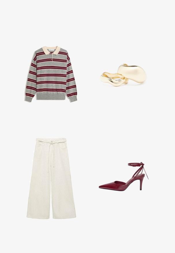 Siv polo srajca z dolgimi rokavi in bež ovratnikom, ki ima vodoravne purpurne in bele črte, tri gumbke in rebraste manšete.; Hlače širokih nogavic iz off-white tkanine s vertikalnimi črtami. Imajo pas z zaponko in mehko teksturo. Vsebujejo sprednje žepe.; Bordo usnjeni čevlji z visokim petam, z ostrim nosom, odprtimi stranmi in trakovi okoli gležnja. Imajo eleganten dizajn in gladko teksturo.; Zlate uhanice z organsko obliko, podobno fižolu, s gladko in odsevno površino; imajo minimalističen dizajn brez vidne opreme.