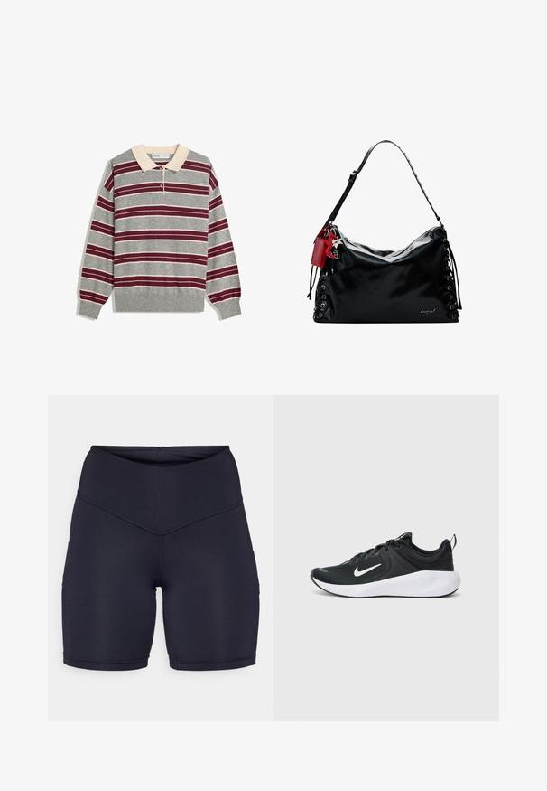 Harmaa pitkähihainen poolopaita, jossa on vaaleanbeige kaulus, vaakasuoria maroonin ja valkoisen värisiä raitoja, kolme nappia sekä joustavat hihansuut.; Tummansiniset korkeat shortsit, jotka on valmistettu joustavasta kankaasta. Kankaalla on sileä rakenne, istuva muotoilu ja sivutaskut käytännöllisyyttä varten.; Musta urheilujalkine, jossa on hengittävä kangasosa, valkoinen swoosh-logo, sileä valkoinen välikerros ja teksturoitu musta ulkopohja.; Mustakäsineinen käsilaukku, jossa on löysä muotoilu, nauhoitusyksityiskohtia sivuilla ja punainen korostustagi. Varustettu pitkällä säädettävällä hihnalla.