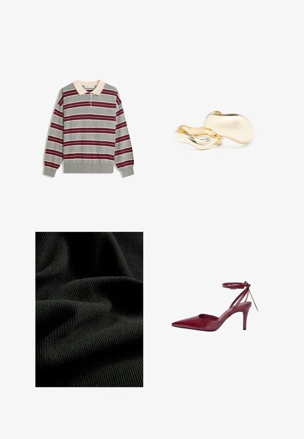 Siv polo srajca z dolgimi rokavi in bež ovratnikom, ki ima vodoravne purpurne in bele črte, tri gumbke in rebraste manšete.; Črnen rebrast material z teksturirano površino, ki poudarja subtilne gube in krivine. Material izgleda lahkoten in fleksibilen.; Bordo usnjeni čevlji z visokim petam, z ostrim nosom, odprtimi stranmi in trakovi okoli gležnja. Imajo eleganten dizajn in gladko teksturo.; Zlate uhanice z organsko obliko, podobno fižolu, s gladko in odsevno površino; imajo minimalističen dizajn brez vidne opreme.