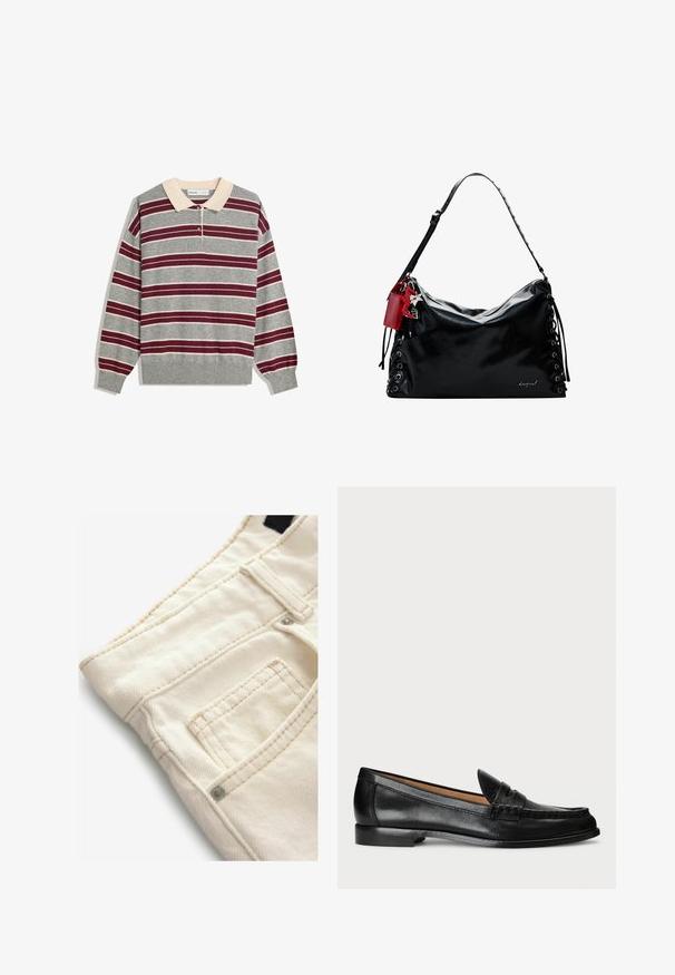 Grå långärmad polo med beige krage, som har horisontella kastanjefärgade och vita ränder, tre knappar framtill och ribbade manschetter.; Krämfärgade denimbyxor med en texturerad yta, med en liten framficka och kontrasterande sömmar. Perfekta för avslappnad klädsel.; Lauren Ralph Lauren WYNNIE - Slip-ins - black; Svart läderhandväska med en avslappnad design, snörningsdetaljer på sidorna och en röd accenttag. Har en lång justerbar rem.