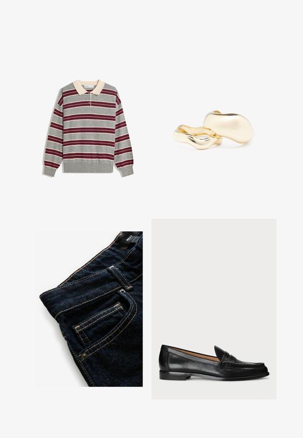 Grijze lange mouwen polo met beige kraag, voorzien van horizontale bordeauxrode en witte strepen, een drie-knoopsluiting en geribde manchetten.; Donkerblauwe denim jeans met contrasterende oranje stiksels, voorzien van een voorzak, rivetdetails en een gladde textuur.; Lauren Ralph Lauren WYNNIE - Instappers - black; Gouden oorbellen met een organische, boonachtige vorm en een glad, reflecterend oppervlak; ze hebben een minimalistisch ontwerp zonder zichtbare bevestigingsmiddelen.