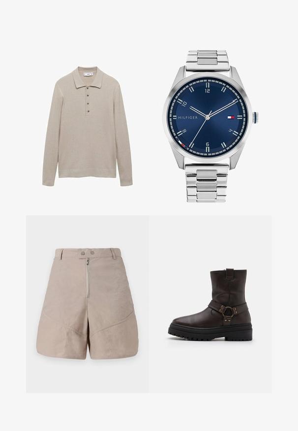 Pulover polo bej cu mânecă lungă, confecționat dintr-un material cu structură ribbed, având guler și o deschidere cu cinci butoane de culoare brown.; Șorturi bej dintr-un material neted, texturat. Prezintă un închidere cu fermoar frontal, două prinderi cu nasturi și detalii de cusătură diagonale.; Cizmă scurtă din piele maro cu vârf pătrat, detalii cu cataramă și o talpă groasă neagră. Are un fermoar lateral și o suprafață texturată.; Ceas metalic argintiu cu un cadran albastru periat, marcaje albe pentru ore și o afișare a datei. Dispune de o curea metalică legată și logo-ul mărcii.