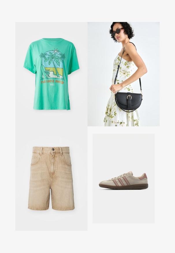 Mentza zaļa kokvilnas T-kreklā ar grafiku, kurā redzami palmu koki, sērfošanas dēlis un pludmales ainava ar tekstu "RĀDĪTS PARADĪZE", brīvi veidota piegriezuma, īsām piedurknēm.; Bēša džinsu šorti ar augstu jostasvietu, piecām kabatām, pogu aizdari un kontrastējošu vīlējumu, ar nedaudz izbalējušu tekstūru.; Bežā zamšādas sporta apavi ar rozā akcentiem, ar trim pārklājošām svītrām, teksturētu purngala vāku un gumijas zoli ar griezumiem.; Melnas ādas rokassoma ar izliekta formu, noņemamu siksnu un zelta aksesuāriem. Somai ir vāciņš ar sprādzes detaļu.