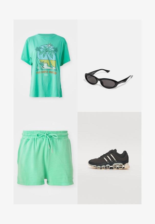 Tricou din bumbac verde mentă, cu un grafic ce prezintă palmieri, o placă de surf și o scenă de plajă, cu textul "PARADISE FOUND", croi relaxat, cu mâneci scurte.; Pantaloni scurți de culoare verde mentă, dintr-un material moale, cu un brâu elastic și șnur reglabil, având buzunare laterale.; Pantof cu aspect sport de culoare neagră, cu un superior texturat, trei dungi argintii și o talpă de amortizare distinctivă, ce prezintă multiple secțiuni integrate.; Ochelari de soare negri, în formă ovală, cu lentile întunecate. Rama este dintr-un plastic lucios, elegant, cu vârfuri unghiulare și o marcă subtilă pe armătură.