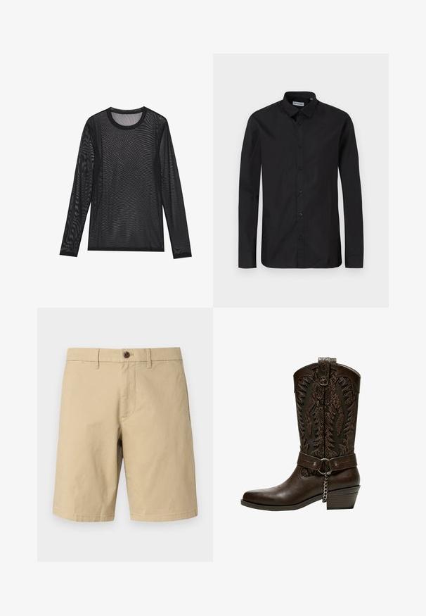 Camiseta din plasă neagră cu mânecă lungă și gât rotund. Dispune de un model texturat și o croială lejeră, fabricată dintr-un material ușor și respirabil.; Cămașă neagră cu mâneci lungi, cu nasturi, cu guler clasic, realizată dintr-un material neted, având nasturi în față și un design cu o croială regulară.; GAP VINTAGE - Pantaloni scurți - khaki; Bershka Cizme cowboy/biker - brown