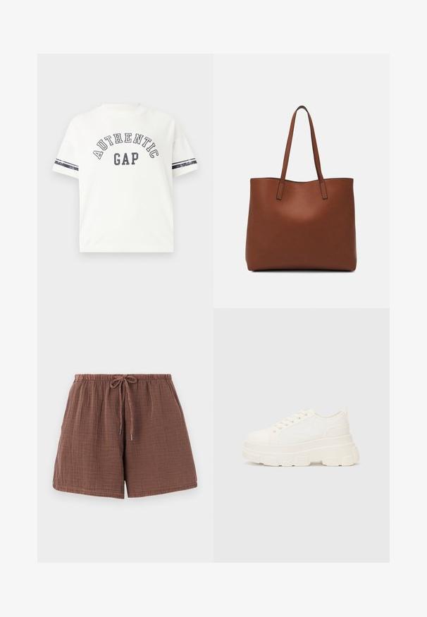 Biała koszulka z nadrukiem "AUTHENTIC GAP" w granatowym kolorze. Krótkie rękawy ozdobione są granatowymi paskami. Wykonana z miękkiej, gładkiej bawełny.; Brązowe bawełniane szorty o teksturowanym, pomarszczonym wykończeniu, z elastyczną talią i sznurkiem do regulacji. Długość do połowy uda, w luźnym kroju.; Białe płócienne trampki z grubą podeszwą, okrągłym noskiem i pięcioma oczkami na sznurowadła. Tylny uchwyt ułatwiający zakładanie. Gładka faktura, minimalistyczny design.; Brązowa skórzana torba tote o gładkiej fakturze, z otwartym wierzchem i dwoma ramiączkami. Charakteryzuje się minimalnym przeszyciem i brakiem widocznych elementów metalowych.