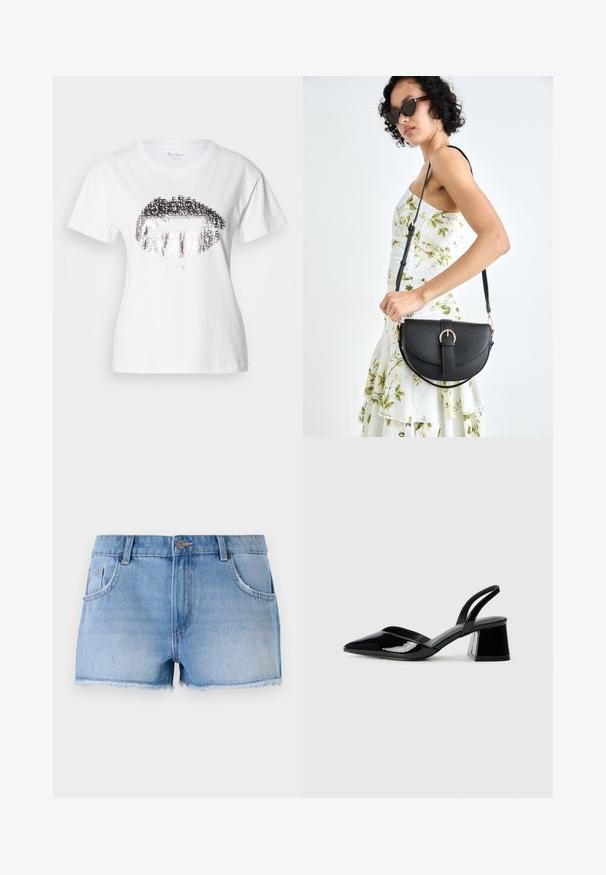 Biele bavlnené tričko s veľkým kovovým strieborným motívom pier a textovými prvkami zakomponovanými do dizajnu. Krátke rukávy a okrúhly výstrih.; Džínové šortky v svetlomodrej farbe s roztrhnutým lemom, päť-pocket dizajnom a kovovým zapínaním v páse.; Čierne lakované kožené sandálové podpätky s špicatou špičkou a geometrickým blokovým podpätkom. Disponujú elegantným, minimalistickým dizajnom a hladkým povrchom.; Čierna kožená kabelka s zaobleným tvarom, odnímateľným popruhom a zlatými doplnkami. Kabelka má klopu s detailom s prackou.