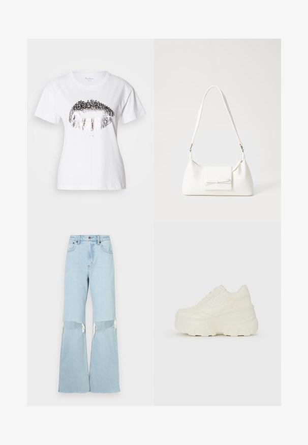 Biały bawełniany t-shirt z dużym, metalicznym srebrnym nadrukiem w kształcie ust, zawierającym elementy tekstowe wkomponowane w design. Krótkie rękawy i okrągły dekolt.; Jasnoniebieskie dżinsowe spodnie z szerokimi nogawkami, z wycięciami na kolanach, postrzępionymi brzegami i wysokim stanem. Posiadają zapięcie na guzik i zamek błyskawiczny oraz klasyczny pięcio-kieszeniowy krój.; Białe sneakersy na platformie z gładkim, skórzano przypominającym wierzchem, zaokrąglonym kształtem, wyściełanym kołnierzem oraz teksturowaną gumową podeszwą z wyraźnym bieżnikiem.; Biała syntetyczna torba o trójkątnym kształcie, płaskim przednim klapce i detalach w postaci kokardy, regulowanym pasku, gładkiej fakturze oraz minimalistycznym designie.