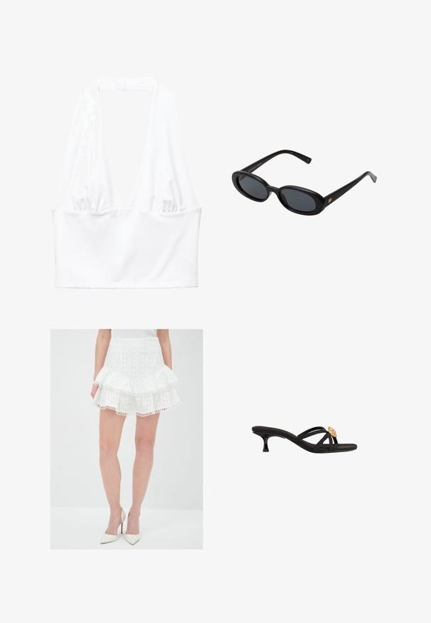 Weißes Trägertop mit tiefem V-Ausschnitt und gerafftem Stoffdetail an den Seiten. Hergestellt aus glattem, dehnbarem Material.; Weißer, gestufter Rock aus strukturiertem Stoff mit Spitzenbesatz. Besitzt drei Rüschenschichten und einen taillierten Bund. Kombiniert mit weißen High Heels.; Schwarze Riemchensandalen mit dünnen, übereinanderliegenden Riemen. Mit einem kleinen, verjüngten Absatz und einem goldenen Akzentdetail am Riemen. Glatte Textur.; Schwarze, oversized Sonnenbrillen mit ovalen Gläsern, glattem Kunststoffrahmen und goldenen Akzenten an den Bügeln. Die dunklen Gläser bieten Sonnenschutz.