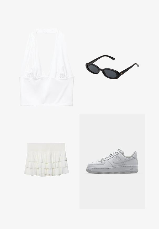 Crop top blanc à bretelles avec un décolleté en V profond et des détails de tissu froncé sur les côtés. Fabriqué en matériau lisse et extensible.; Jupe blanche à volants superposés avec une taille smockée, présentant un tissu léger et texturé ainsi qu'une coupe évasée.; Basket en cuir blanc avec un design bas, bout rond, détails perforés et semelle en caoutchouc texturée. Présente des accents gris sur la languette.; Lunettes de soleil noires surdimensionnées avec des verres ovoïdes, monture en plastique lisse et accents dorés sur les tempes. Les verres sombres offrent une protection contre le soleil.; COACH TABBY SHOULDER BAG 20 WITH PILLOW QUILTING - Sac bandoulière - sage