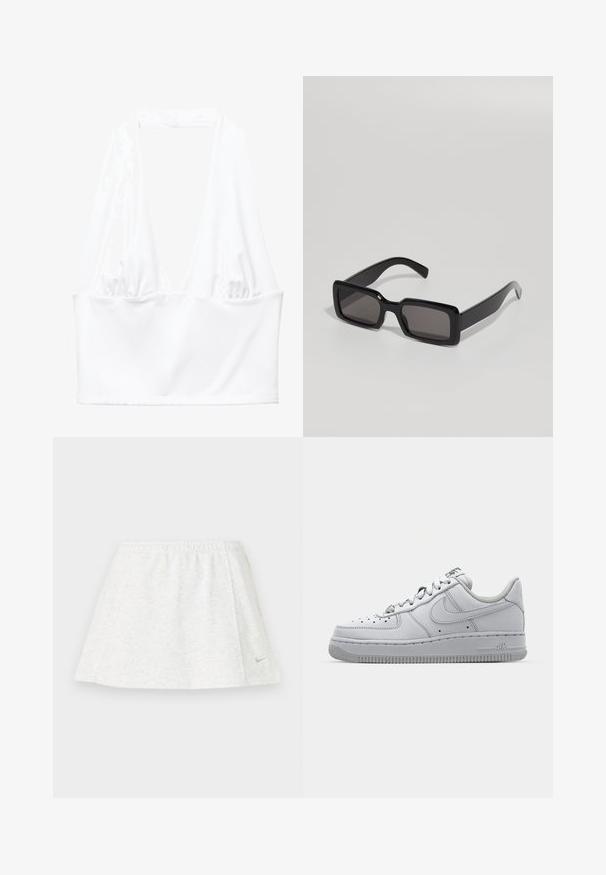 Bela halter crop bluzica z globokim V-izrezom in nabranimi detajli ob straneh. Narejena iz gladkega, raztegljivega materiala.; Bela atletska krilna oblačila iz mehkega teksturiranega blaga, z elastičnim pasom in majhnim zlatim logotipom Nike na robu.; Bele usnjene superge z nizkim dizajnom, okroglo konico, perforiranimi podrobnostmi in teksturirano gumijasto podplatom. Ima sive poudarke na ježku.; Črne sončna očala s pravokotnim okvirjem, debelo plastično konstrukcijo in temnimi lečami, ki imajo gladke površine in zaobljene robove.; COACH TABBY SHOULDER BAG 20 WITH PILLOW QUILTING - Torba čez telo - sage