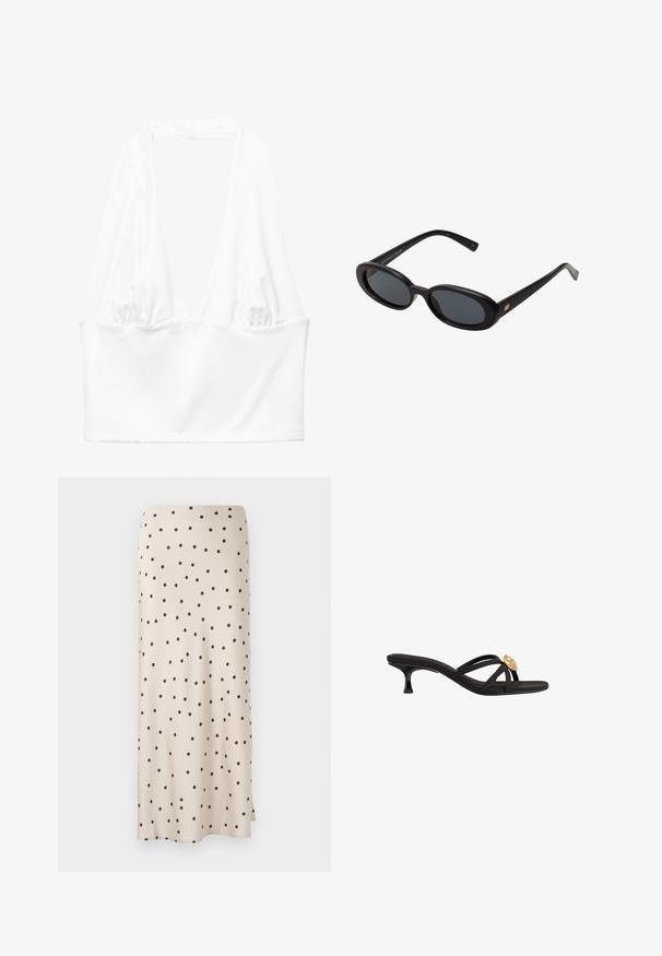 Weißes Trägertop mit tiefem V-Ausschnitt und gerafftem Stoffdetail an den Seiten. Hergestellt aus glattem, dehnbarem Material.; Beige Rock mit schwarzen Punkten, gerade geschnitten und mit einem leichten Seitenschlitz. Aus glattem Stoff, der weich fällt.; Schwarze Riemchensandalen mit dünnen, übereinanderliegenden Riemen. Mit einem kleinen, verjüngten Absatz und einem goldenen Akzentdetail am Riemen. Glatte Textur.; Schwarze, oversized Sonnenbrillen mit ovalen Gläsern, glattem Kunststoffrahmen und goldenen Akzenten an den Bügeln. Die dunklen Gläser bieten Sonnenschutz.