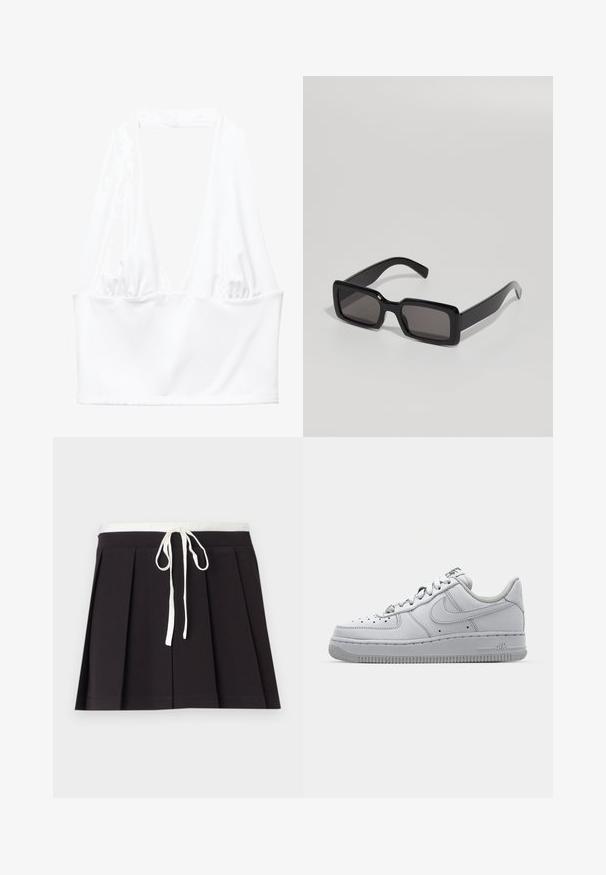 Witte halter crop top met een diepe V-halslijn en geraffineerde stofdetails aan de zijkanten. Gemaakt van glad, rekbaar materiaal.; Zwarte geplooide rok met een witte geweven trekkoord in de taille. Gemaakt van zachte stof, met een gladde textuur en een eenvoudig, klassiek ontwerp.; Witte leren sneaker met een low-top ontwerp, ronde neus, geperforeerde details en een getextureerde rubberen zool. Heeft grijze accenten op de tong.; Zwarte zonnebril met een rechthoekig frame, dikke plastic constructie en donkere glazen, met gladde oppervlakken en ronde hoeken.; COACH TABBY SHOULDER BAG 20 WITH PILLOW QUILTING - Schoudertas - sage