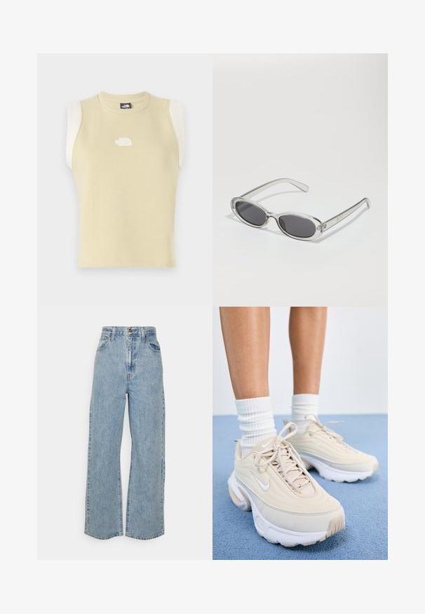 Top sem mangas em algodão amarelo pastel com decote redondo. Apresenta painéis de ombro em creme em contraste e um logotipo texturizado no peito.; Jeans de ganga largos de cintura alta em azul claro, com fecho de botão frontal, fecho de zipper e design de cinco bolsos, sobre fundo plano.; Ténis atléticos bejes com um tecido texturizado, atacadores brancos e uma sola espessa branca. O design apresenta curvas subtis e um pequeno logotipo.; Óculos de sol com formato oval, armação de plástico transparente, lentes cinza-escuro e hastes finas transparentes com detalhes do logótipo e um design minimalista.