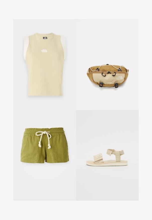 Sleeveless top in pastel yellow cotton with a rounded neckline. Features contrasting cream shoulder panels and a textured logo on the chest.; Green linen blend shorts with an elastic waistband, a drawstring tie, and two front pockets. Short, casual fit with textured fabric.; Beige sandals with textured footbed, adjustable fabric straps, and a logo patch on the strap. Lightweight design and flat sole.; The North Face TERRA LUMBAR 3L UNISEX - Bum bag - utility brown/khaki stone