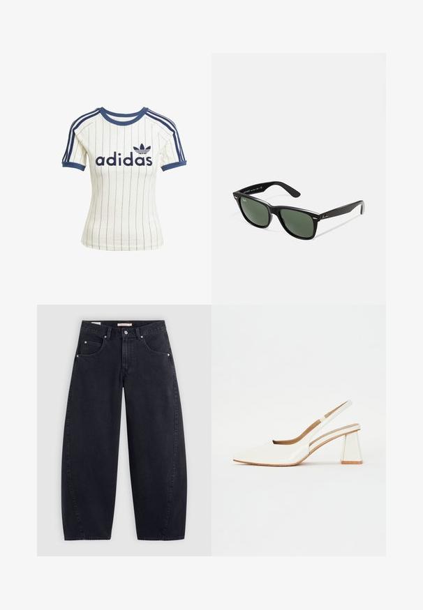 Adidas hvit stripet t-skjorte med marineblå detaljer, med rund hals, korte raglanermer og kraftig "adidas" logo på fronten.; Sorte denim vidde-bukser med høy midje, to frontlommer og sølvfargete detaljer. Glatt tekstur, minimale sømmer og rett snitt.; Hvit patentlær slingback-sko med spiss tå og geometrisk blokkheel. Innvendig har den en tan fotseng og minimale utskjæringer på siden.; Sorte plast-solbriller med grønne linser, firkantede rammer, sølvdetalje på brynene, og teksturerte stangarmen. Angitt merke på indre arm.; Svart tote-veske med to lange håndtak, glidelåsåpning på toppen, og en liten grønn krokodille-logo sentrert under håndtakene.