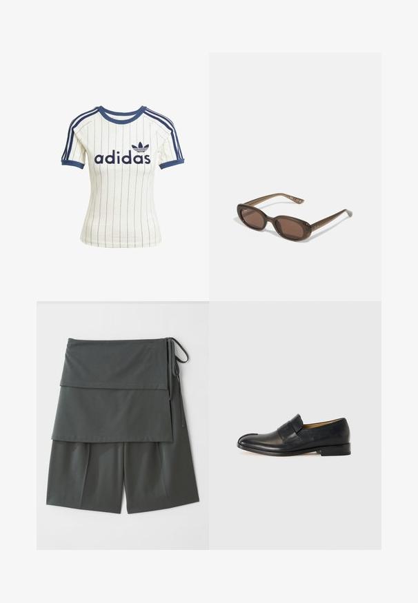 Tricou alb cu dungi Adidas, cu accente bleumarin, având guler rotund, mâneci scurte raglan și un logo „adidas” îndrăzneț pe față.; Șorturi unisex de culoare gri închis cu un design stratificat, având un panou superior și șnururi pe laturi. Confecționate dintr-un material neted și ușor.; Bocanci negri din piele, cu o textură netedă, vârf rotund și o curea proeminentă în față; au un design minimalist.; Ochelari de soare ovali maro, cu lentile închise la culoare. Ramele sunt dintr-un material translucid maro și prezintă un logo imprimat pe tempere.; Geantă de umăr din piele bleumarin cu un finisaj neted, având o formă rotunjită, cu partea superioară pliată și o curea de umăr. Include accente din metal argintiu.