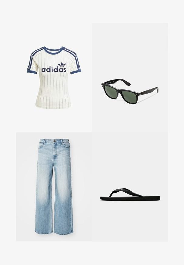 Adidas valkoinen raidallinen t-paita tummansinisillä yksityiskohdilla, jossa on pyöreä kaula-aukko, lyhyet raglan-hihat ja rohkea "adidas"-logo edessä.; Vaaleansiniset leveät farkut, valmistettu denimmateriaalista. Ominaisuuksiin kuuluu viisi taskua, vyölenkit ja etupainikekiinnitys. Haalistunut pesu, jossa on hienovarainen tekstuuri.; Musta kumisaapas sandaali, jossa on teksturoitu thong-hihna ja yksinkertainen litteä pohja, esitetty sivustolta vaalealla taustalla.; Mustat muoviset aurinkolasit, joissa on vihreät linssit, neliönmuotoiset kehykset, hopeinen yksityiskohta kulmakarvojen kohdalla sekä tekstuuriset temppeleiden varret. Brändi ilmoitettu sisävarsissa.
