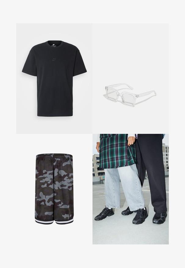 T-shirt in cotone nero della Nike con collo rotondo classico, maniche corte e un logo in rilievo discreto sul petto. Texture liscia.; Pantaloni corti mimetici con texture in rete, prevalentemente grigi con accenti verde scuro, vita elasticizzata e dettagli a strisce bianche sull'orlo.; Scarpe da ginnastica nere con dettagli in rete e gomma. Indossate con jeans larghi grigio chiaro e una blusa a quadri verdi. Sfondo con superficie piatta.; Occhiali da sole rettangolari trasparenti con una montatura in plastica spessa, dotati di lenti leggermente oscurate e senza ulteriori motivi o decorazioni.