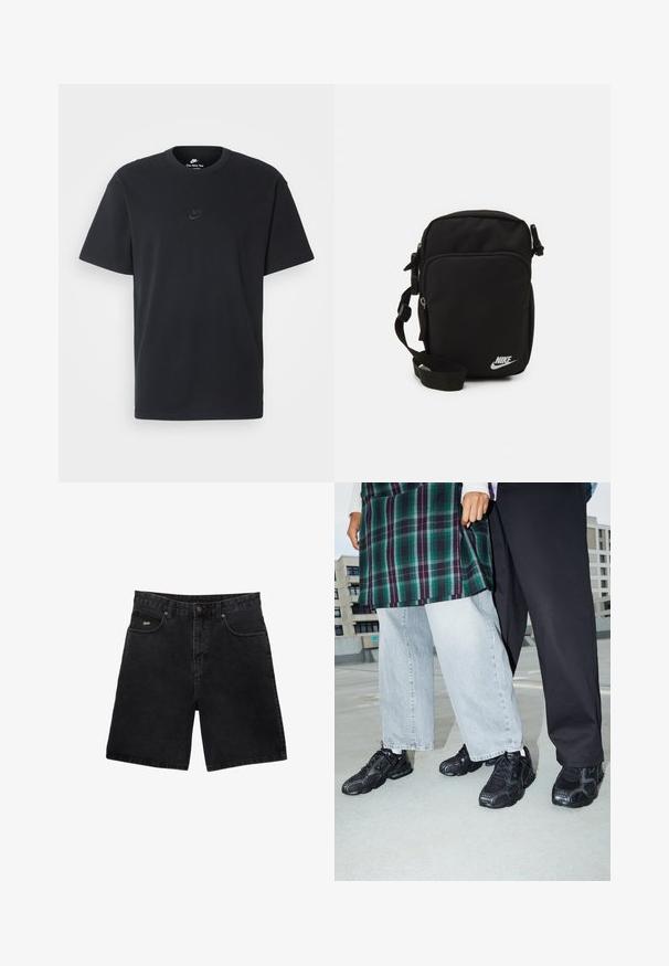 Čierne bavlnené tričko Nike s klasickým okrúhlym výstrihom, krátkymi rukávmi a jemne embosovaným logom na hrudi. Hladká textúra.; Čierne džínsy s rovnými nohavicami, piatimi vreckami, zapínaním na kovový gombík a diskrétnym logom značky na prednom vrecku.; Čierne športové topánky s sieťovinou a gumovými akcentmi. Nosené s svetlošedými širokými džínsami a kockovaným zeleným topom. Pozadie s plochým povrchom.; Čierna nylonová taška cez rameno s nastaviteľným popruhom, zipsovými priehradkami a bielym logom Nike na prednej strane. Hladký povrch, obdĺžnikový tvar.