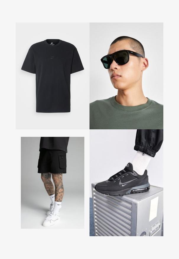 Schwarzes Baumwoll-T-Shirt von Nike mit klassischem Rundhalsausschnitt, kurzen Ärmeln und einem dezenten, geprägten Logo auf der Brust. Glatte Textur.; Schwarze Cargo-Shorts mit seitlichen Taschen und einer glatten Textur. Getragen mit weißen Sportsocken und Turnschuhen. Detaillierte Tattoos an den Beinen.; Nike Sportswear PULSE - Sneaker low - black/anthracite; Schwarze rechteckige Sonnenbrille mit dunklen Gläsern, die eine markante Form und eine Markierung am Bügel aufweist. Getragen von einer Person in einem grünen Hemd.