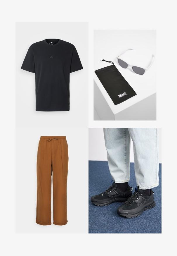 Černé bavlněné tričko Nike s klasickým kulatým výstřihem, krátkými rukávy a decentně vyraženým logem na hrudi. Hladký povrch.; Hnědé lněné kalhoty volného střihu, s elastickým pasem, šňůrkou na stažení a dvěma předními sklady pro přidanou strukturu. Ohnuté manžety na lemu.; Černé sportovní boty s texturovanou tkaninou a gumovou podrážkou, s elastickými tkaničkami a modrým akcentem na patě. Nosí se s světlými džíny.; Bílé plastové sluneční brýle se šedými skly vedle černého textilního pouzdra s tučným bílým logem "URBAN CLASSICS".