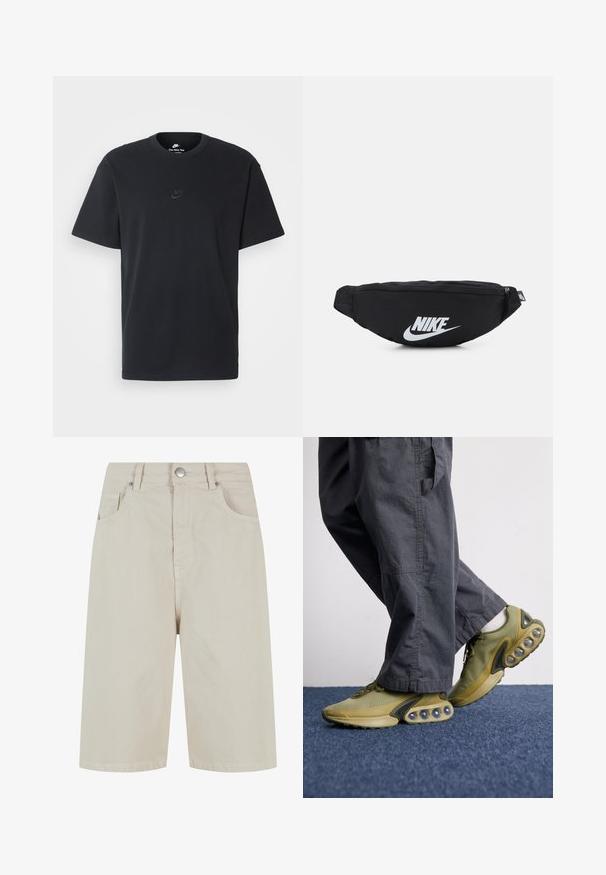 Nike sort bomulds t-shirt med en klassisk rund hals, korte ærmer og et diskret, præget logo på brystet. Glat tekstur.; Beige denim shorts med lige snit, en frontknaplukning og fire lommer. Stof har en glat tekstur og minimal sømdetail.; Grønne mesh sneakers med afrundet polstring, tekstureret materiale og et strømlinet design. Parret med løstsiddende grå cargobukser.; Sort nylon bæltetaske med lynlås, der har et stort hvidt Nike-logo. Glat tekstur og ergonomisk design for komfortabel bæring.