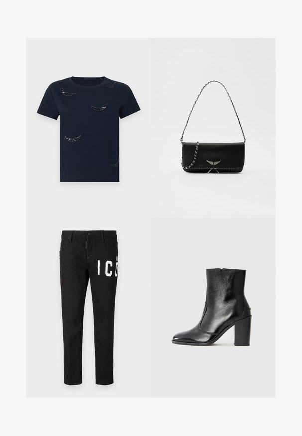 Tamnoplava majica s kružnim izrezom od pamuka. Ima crne šljokice u obliku mjeseca raspoređene po tkanini. Kratki rukavi.; Crne traperice od denima slim kroja. Imaju bijeli grafički natpis sprijeda, pet džepova i kopčanje na gumb. Glatka tekstura.; Crna kožna čizma do gležnjeva s glatkom teksturom, špicastim vrhom i debelim visokim potpeticama. Ima bočni otvor i minimalistički dizajn.; Crna kožna torba s srebrnim lanac strapom, s dekorativnim krilnim naglascima i bijelim šavovima duž donjeg šava.