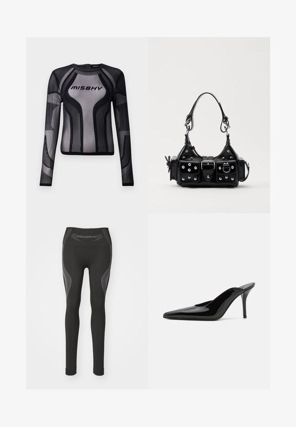 Musta pitkähihainen paita, joka on valmistettu läpinäkyvästä verkkokankaasta ja jossa on geometrinen kuvio mustilla raidoilla, sekä "MISBHV"-logo rinnassa.; Mustat legginsit, joissa on korkea vyötärö, harmaita korostuskuvioita ja teksturoituja paneeleja sivuilla. Valmistettu joustavasta kankaasta.; Mustat patentoidut korkeakorkoiset mulesandaalit, joissa on terävä kärki ja sulavalinjainen siluetti. Kenkäparissa on avonainen takaosa ja hoikka stiletto-korko.; Musta nahkainen käsilaukku, jossa on kaareva muotoilu, hopeiset niitit, solki ja kaksi sivutaskua. Säädettävä olkahihna erilaisiin kantovaihtoehtoihin.