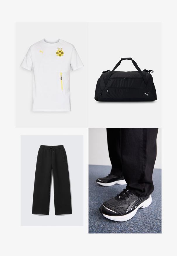 Witte sportshirt met korte mouwen, voorzien van een geel BVB-logo, gele accenten en een ritszak aan de voorkant aan de linkerkant. Lichtgewicht materiaal.; Zwarte brede sweatpants met elastische tailleband en trekkoord, voorzien van twee verticale zakken aan de voorkant.; Zwarte sportieve schoenen van mesh stof, met een witte zool en zwarte accenten. De zool heeft een gestructureerde loopvlak. Gemaakt in combinatie met zwarte broek op een blauwe tapijtoppervlakte.; Zwarte weekendtas gemaakt van duurzaam textiel, met dubbele ritscompartimenten, gewatteerde handgrepen en een wit Puma-logo aan de zijkant.