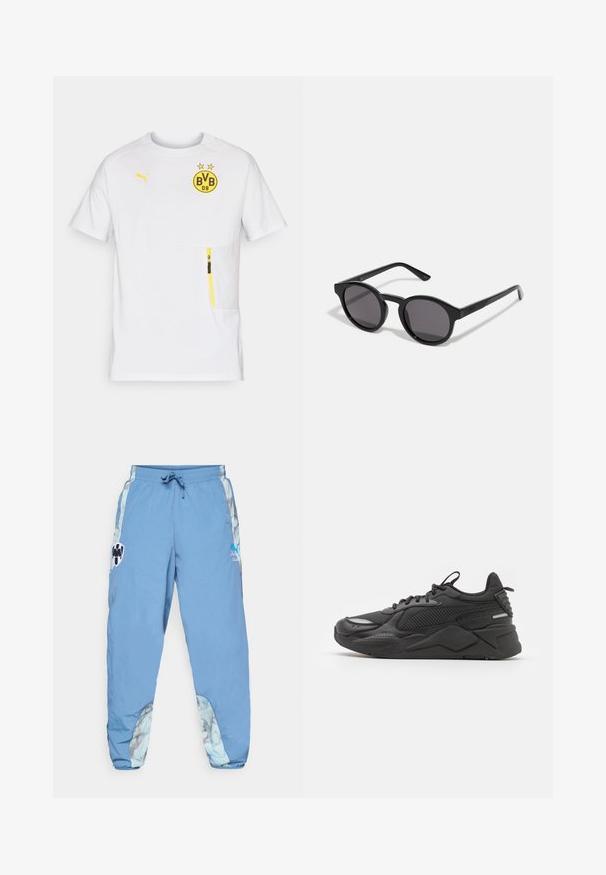 Balts īsām piedurknēm sporta krekls, ar dzelteno BVB logotipu, dzelteniem akcentiem un rāvējslēdzēja kabatu kreisajā priekšā. Viegls materiāls.; Gaiši zili sporta bikses ar elastīgu jostasvietu, sānu kabatām un abstraktiem rakstiem apakšējās malās. Iekļauti logotipa akcenti.; Melnas kedas ar teksturētu augšdaļu, kas izgatavota no sieta un sintētiskajiem materiāliem, ar biezu zoli un atstarojošiem akcentiem redzamībai.; Melnas saulesbrilles ar apaļu, nedaudz viļņotu rāmi, tumšiem lēcu un taisniem melniem kātiem. Gluda, spīdīga virsma bez redzamām kontūrām.