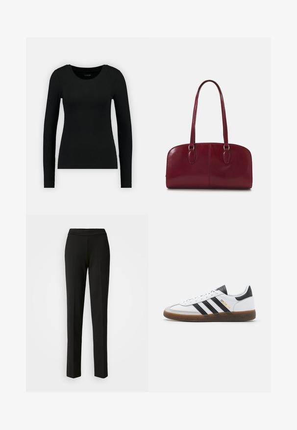 Juoda ilgomis rankovėmis marškinėliai pagaminti iš įribuoto audinio. Turi apvalų iškirpimą ir prigludusią siluetą. Paprastas dizainas be raštų ar akcentų.; Juodos tiesios kojinės kelnės su elastinga juosmens juosta. Pagamintos iš tekstūruotos medžiagos be matomų raštų ar aparatūros. Švarus, minimalus dizainas.; Balti odiniai sportiniai bateliai su juodais zomšos akcentais, trimis juodomis juostelėmis, smėlio spalvos guminiu padu ir auksiniu "SPEZIAL" ženklu šone.; Zign LEATHER - Rankinė - dark red