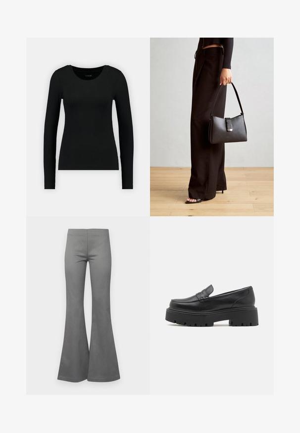 Crna majica s dugim rukavima izrađena od rebraste tkanine. Ima okrugli izrez i uski kroj. Jednostavan dizajn bez uzoraka ili naglasaka.; Sive flared hlače sa glatkom teksturom tkanine i prilagođenim dizajnom, koje se šire od koljena do rubova.; Crne kožne mokasine s niskim, debelim gumenim potplatom, šivanim detaljima na gornjem dijelu i glatkom teksturom.; Crna torba s oblikom koji sadrži strukturu, glađu teksturu i metalnu kopču. Uparena s širokim crnim hlačama i sandalama na otvorenom s drvenog poda.