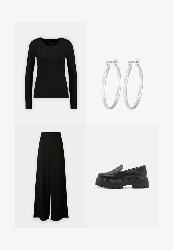Czarna koszulka z długim rękawem wykonana z prążkowanej tkaniny. Posiada okrągły dekolt i dopasowany krój. Prosty design bez wzorów ani akcentów.; Vero Moda Tall VMLIVA czarny; Czarne skórzane mokasyny z niską, grubą gumową podeszwą, przeszywanymi detalami na cholewce oraz gładką fakturą.; Srebrne kolczyki w formie kółek o gładkim, polerowanym wykończeniu. O okrągłym kształcie i pewnym zapięciu na klik. Lekka konstrukcja odpowiednia do codziennego noszenia.