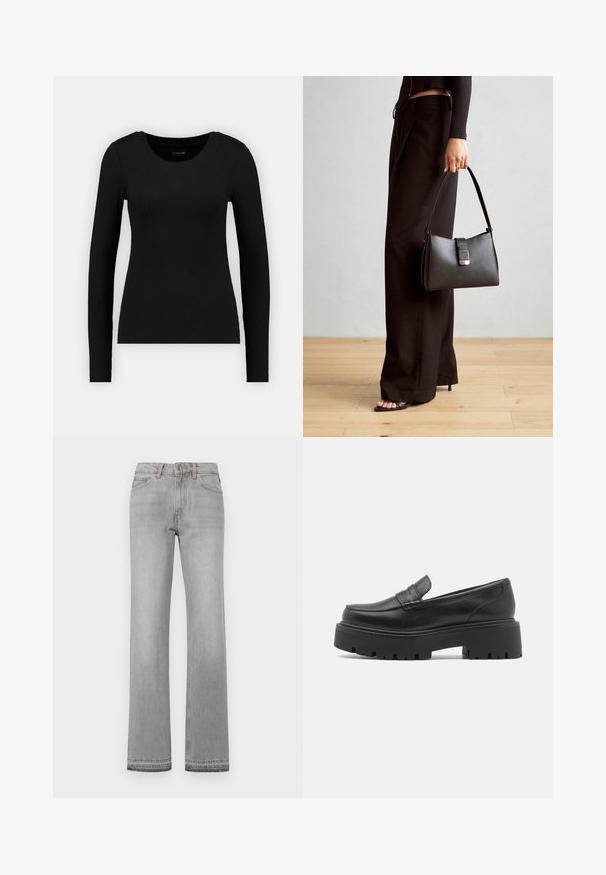 Musta pitkähihais shirt ribbed-kankaasta. Ominaisuudet: pyöreä pääntie ja istuva siluetti. Yksinkertainen muotoilu ilman kuvioita tai korostuksia.; Harmaat farkut suoran lahkeen leikkauksella, viiden taskun muotoilulla ja kontrastivärisillä ompeleilla. Sujuva pinta ja kohtalaisen korkea vyötärö.; Mustat nahkasaappaat matalalla, paksulla kumipohjalla, ylätiedossa on tikkauskoristelu ja pinta on sileä.; Musta käsilaukku, jossa on rakenteellinen muoto, sileä pinta ja metallinen solki. Yhdistetty leveisiin mustiin housuihin ja avonaiheisiin sandaaleihin puulattialla.